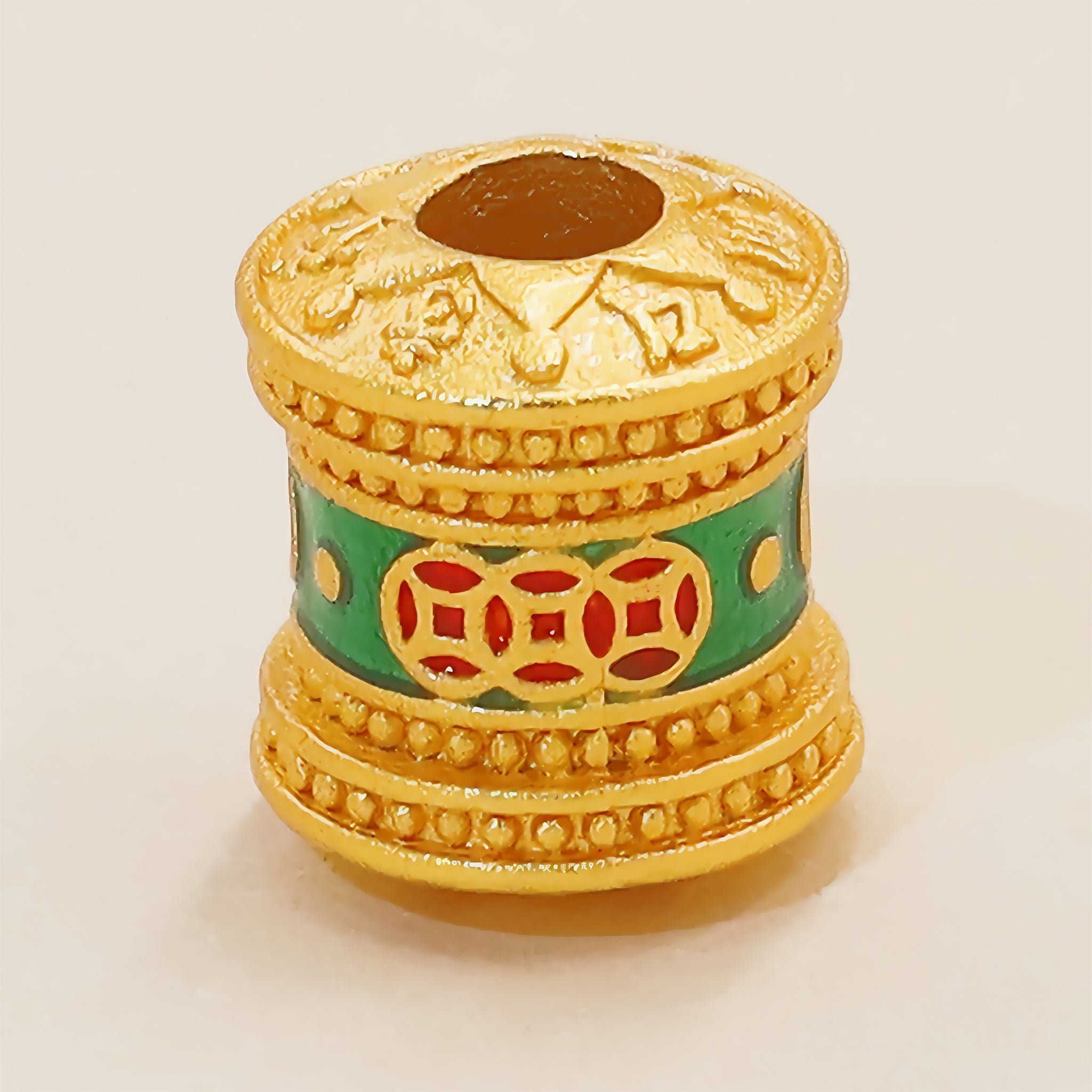 Om Mani Padme Hum Green Prayer Wheel Charm – Embrace Divine Energy and Prosperity